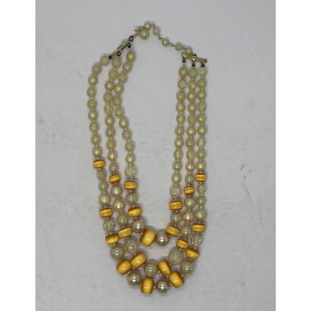 Vintage Amber Iridescent Triple Strand Layered Beaded Necklace Stamped Japan